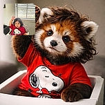 A cute toddler with curly hair in a red Snoopy shirt sits in a high chair, raising one hand as if waving or asking a question, with a softly lit window with blinds in the background.