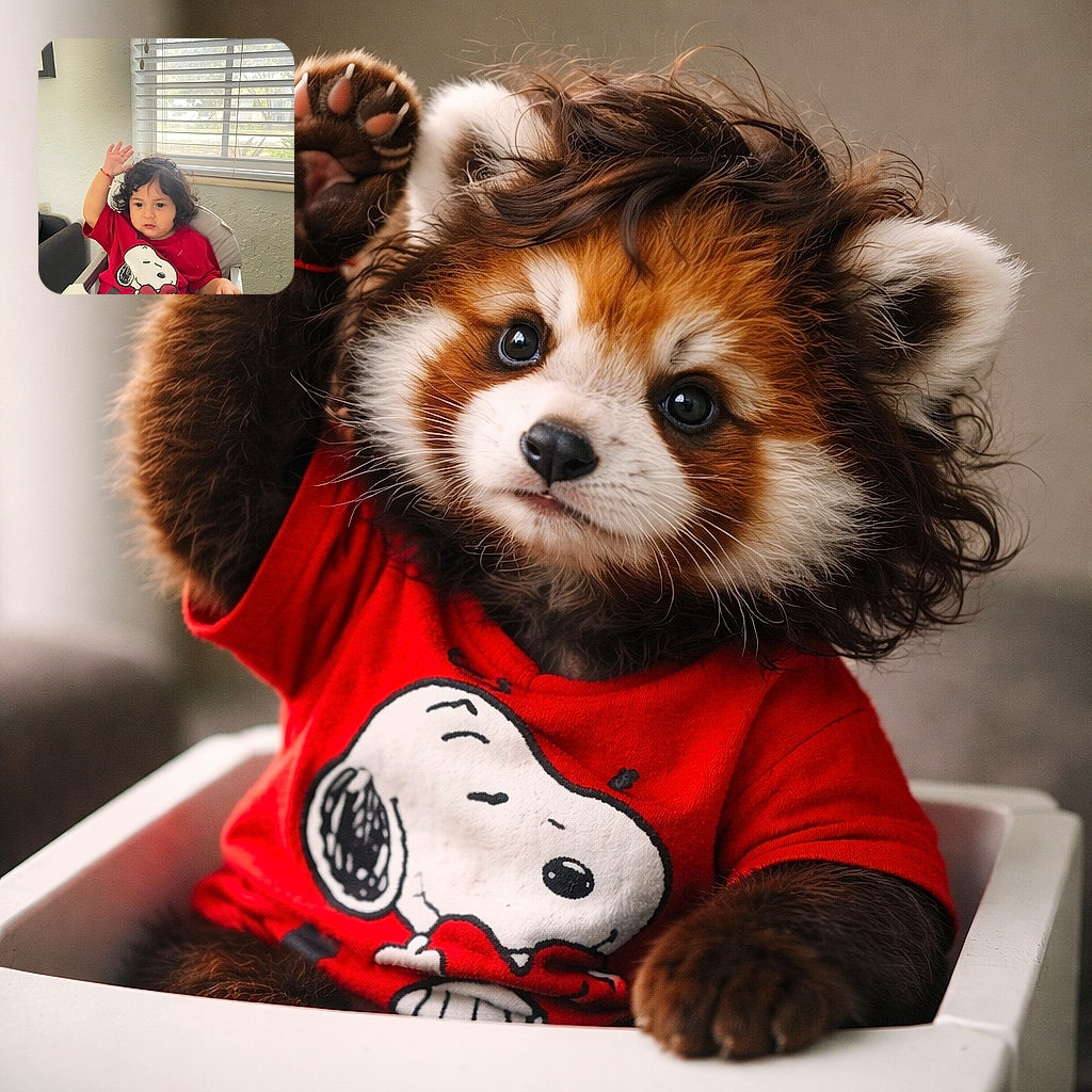 A cute toddler with curly hair in a red Snoopy shirt sits in a high chair, raising one hand as if waving or asking a question, with a softly lit window with blinds in the background.