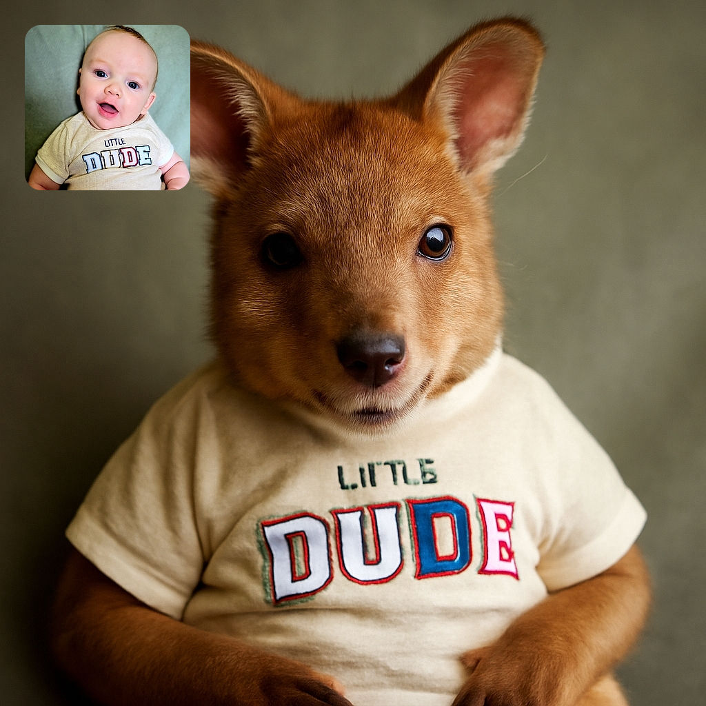 A bright-eyed baby with a joyful expression wearing a cute 'Little Dude' shirt, sitting against a soft, muted background that highlights the adorable smile and sparkling eyes.