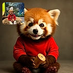 A cheerful toddler in a bright red shirt sits comfortably on a fluffy brown cushion, holding a wooden toy. The colorful mural behind them features whimsical plants, flowers, and a turtle, creating a playful and cozy atmosphere.
