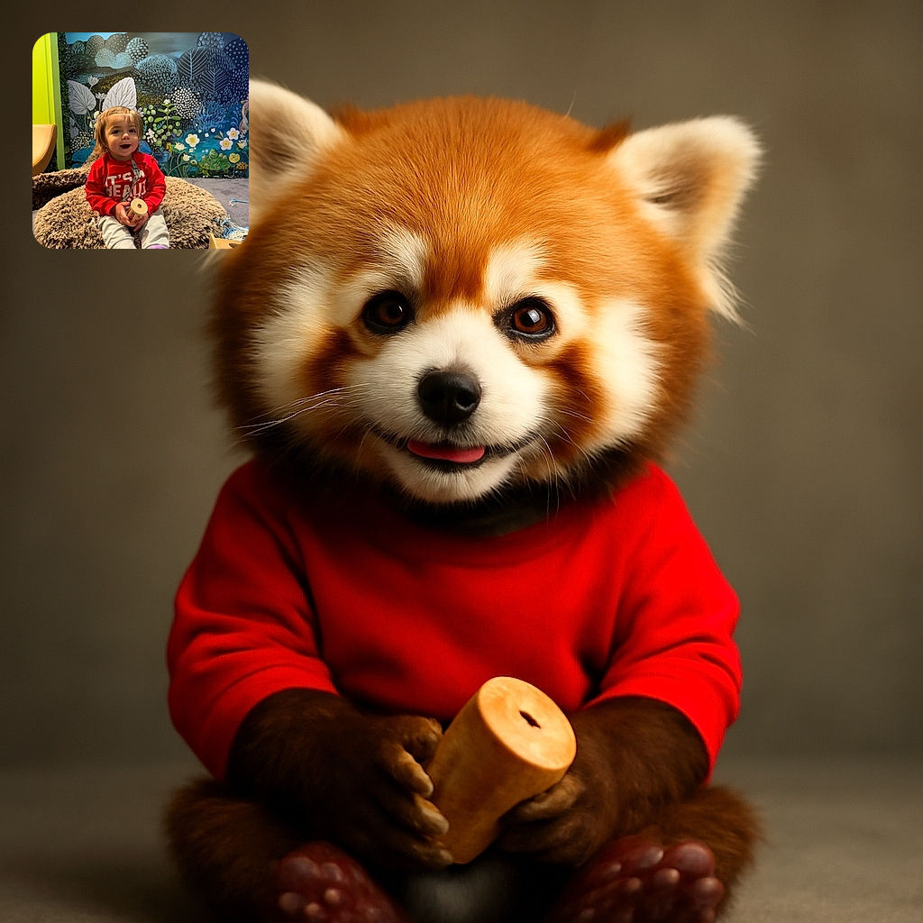 A cheerful toddler in a bright red shirt sits comfortably on a fluffy brown cushion, holding a wooden toy. The colorful mural behind them features whimsical plants, flowers, and a turtle, creating a playful and cozy atmosphere.