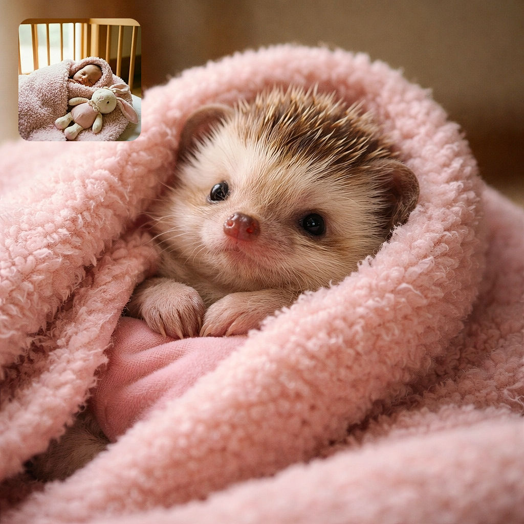 A peaceful newborn baby wrapped snugly in a fluffy pink blanket, sleeping soundly next to a soft, cuddly bunny plush toy inside a wooden crib bathed in gentle natural light.
