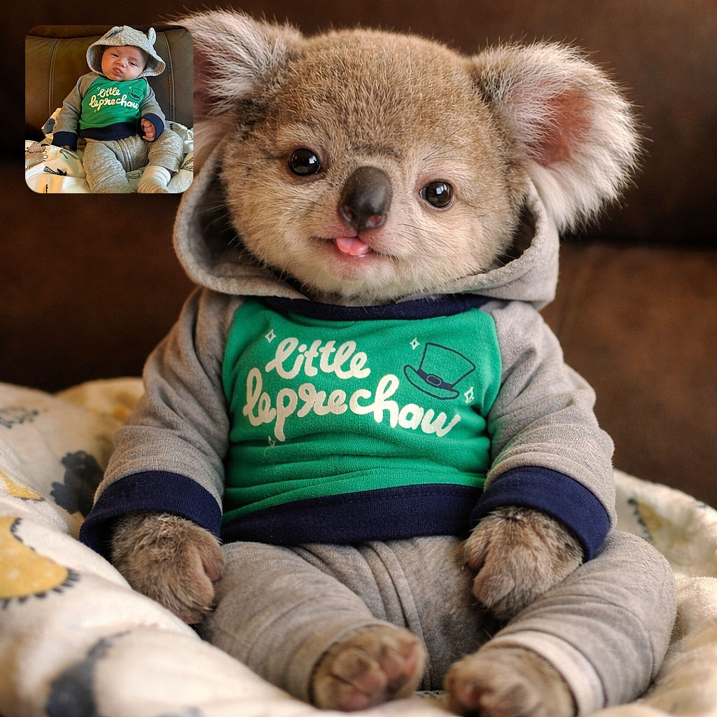 A tiny hoodie-wearing baby lounges like a pint-sized philosopher, tongue out and eyes half-dreaming, bundled on a cozy blanket against a leather couch — peak adorable indifference.