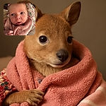 A close-up shot of a curious baby wrapped in a soft pink towel, with wide eyes and slightly parted lips, while a woman in the background watches attentively, creating a cozy and intimate family moment.