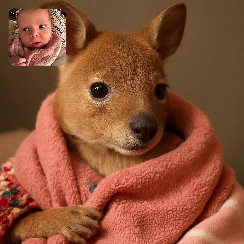 A close-up shot of a curious baby wrapped in a soft pink towel, with wide eyes and slightly parted lips, while a woman in the background watches attentively, creating a cozy and intimate family moment.