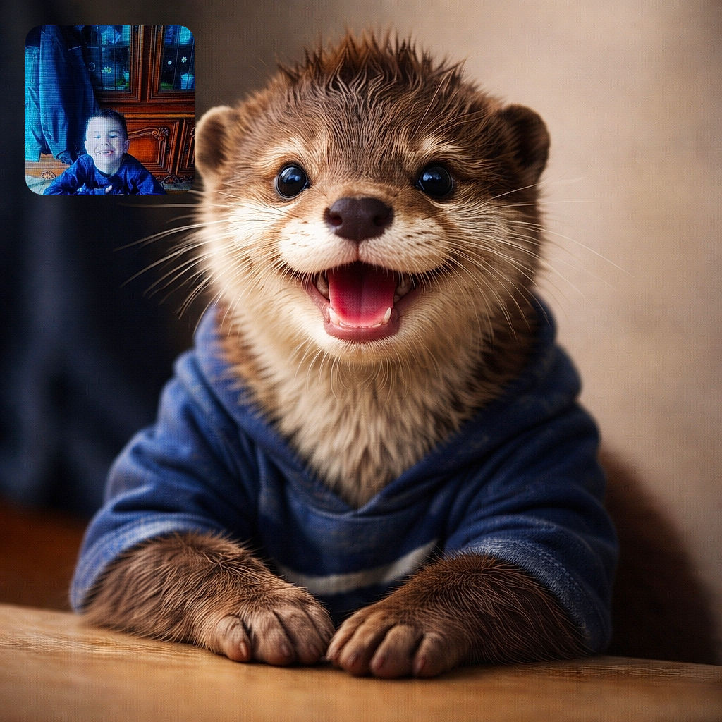 A beaming little kid leans on a table like it's a stage, flashing a wide grin and looking like he just told the best joke in the house — background is a polished wooden cabinet with a coat casually draped nearby, giving the scene a cozy, lived-in vibe.