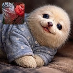 A smiling baby dressed in a cozy onesie with moon patterns is lying down, with a warm reddish light casting a gentle glow, creating a soft and intimate moment despite the low image clarity.