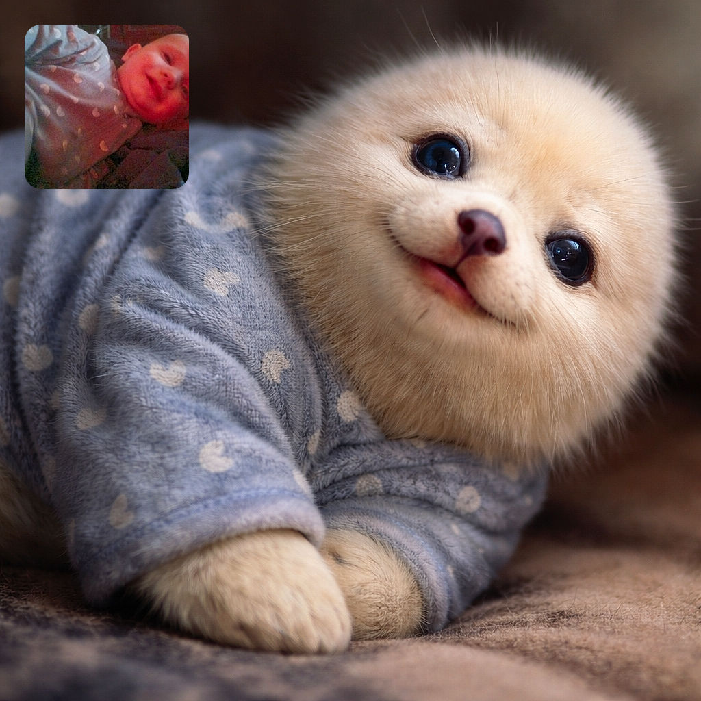 A smiling baby dressed in a cozy onesie with moon patterns is lying down, with a warm reddish light casting a gentle glow, creating a soft and intimate moment despite the low image clarity.