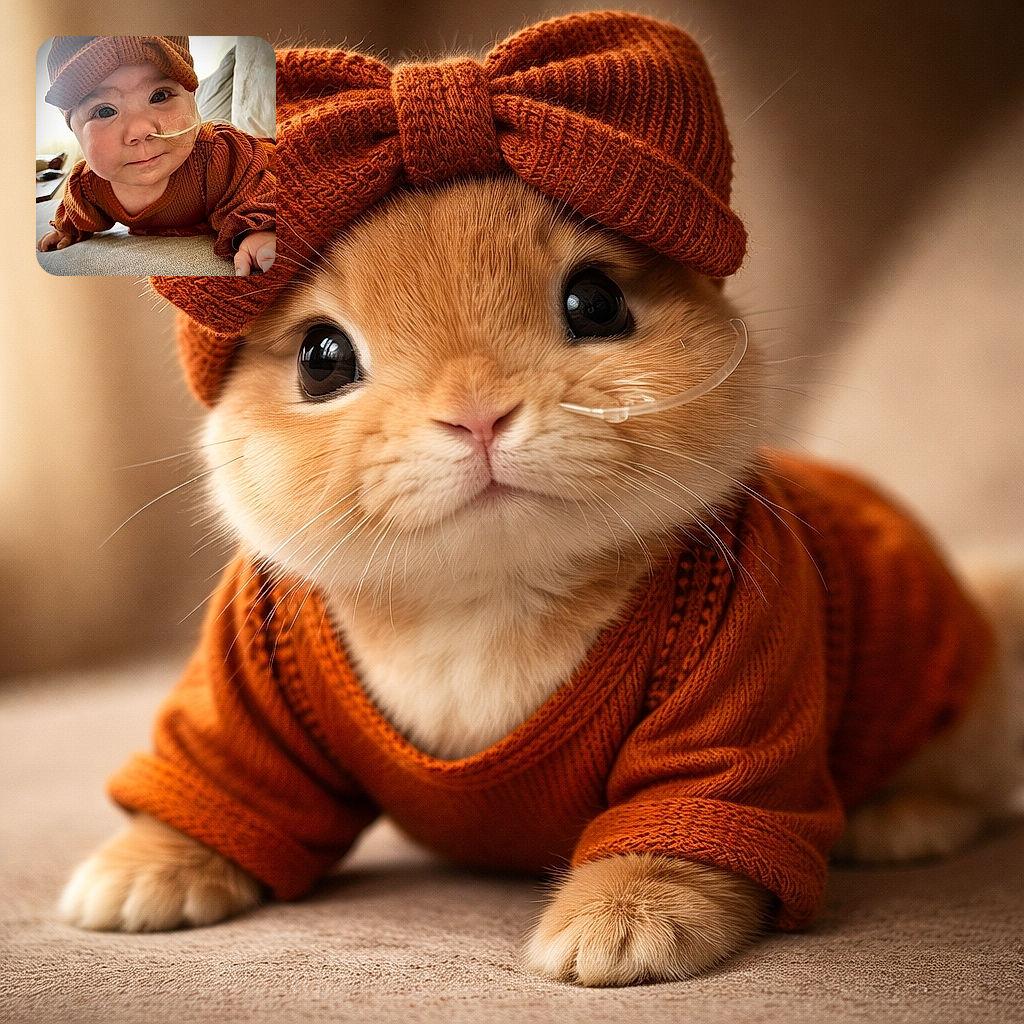 An adorable baby wearing a rust-colored knit outfit and matching headband, crawling on a soft couch with a curious expression. The baby has a nasal feeding tube taped gently to their cheek, adding a touch of resilience to the heartwarming scene. The background is softly lit, emphasizing the baby's bright eyes and chubby cheeks.
