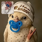 A cute newborn baby lying on a soft white towel, wearing a hat that says 'I love my DADDY' and a pacifier in the mouth, with a tiny hand making a playful gesture.