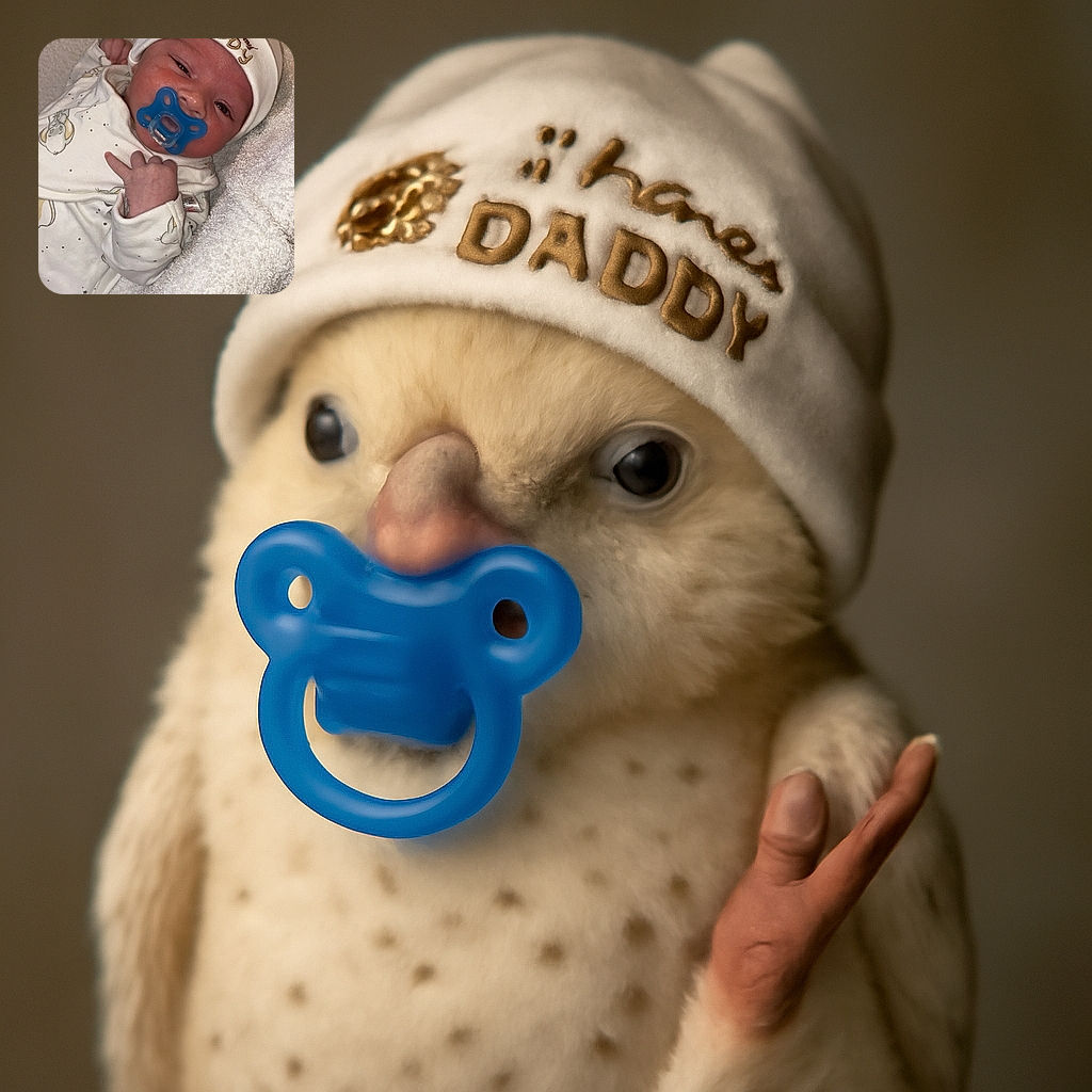 A cute newborn baby lying on a soft white towel, wearing a hat that says 'I love my DADDY' and a pacifier in the mouth, with a tiny hand making a playful gesture.