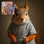 A cheerful toddler with tousled hair and bright eyes smiles warmly at the camera, wearing a simple gray t-shirt while standing indoors with cozy furniture and colorful chairs in the background.