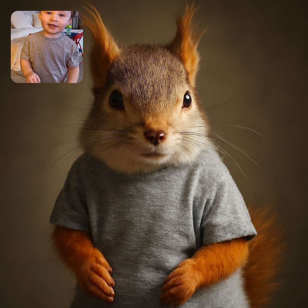 A cheerful toddler with tousled hair and bright eyes smiles warmly at the camera, wearing a simple gray t-shirt while standing indoors with cozy furniture and colorful chairs in the background.