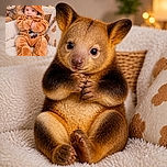 A wide-eyed baby is bundled up like the world’s tiniest teddy bear, complete with floppy-eared hood, while a real teddy bear sits nearby looking like the plushy’s proud supervisor. The cozy blanket nest and warm fairy lights make the whole scene wonderfully snuggly.