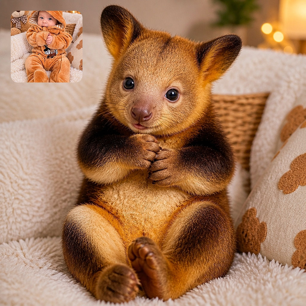 A wide-eyed baby is bundled up like the world’s tiniest teddy bear, complete with floppy-eared hood, while a real teddy bear sits nearby looking like the plushy’s proud supervisor. The cozy blanket nest and warm fairy lights make the whole scene wonderfully snuggly.