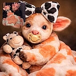 A wide-eyed baby bundled up in a cozy orange and white blanket, sporting a giant cow-print bow on their head and clutching a matching cow plush toy, looking adorably surprised while nestled in a car seat.