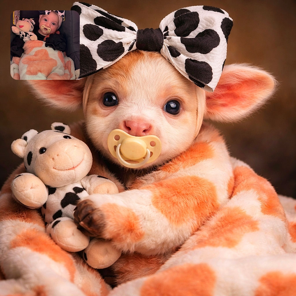 A wide-eyed baby bundled up in a cozy orange and white blanket, sporting a giant cow-print bow on their head and clutching a matching cow plush toy, looking adorably surprised while nestled in a car seat.