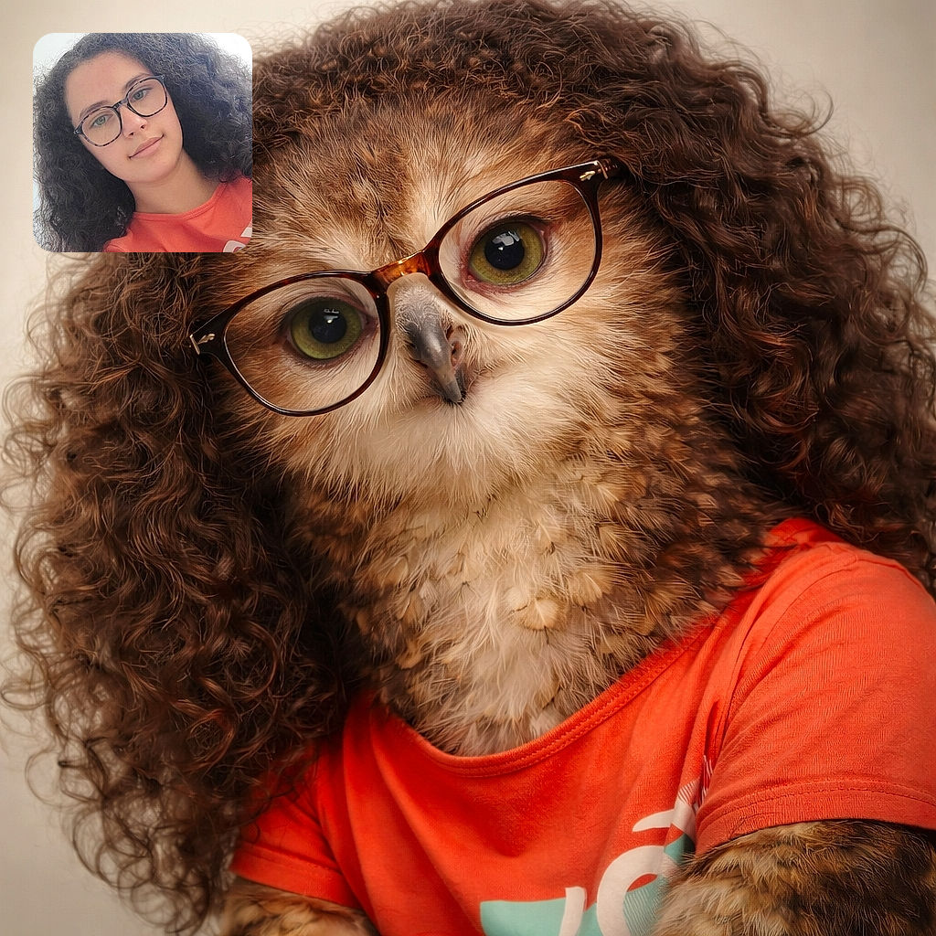 A young person with curly hair and glasses takes a casual selfie wearing a bright orange shirt, with soft natural lighting and a plain white background giving a clean, fresh vibe.