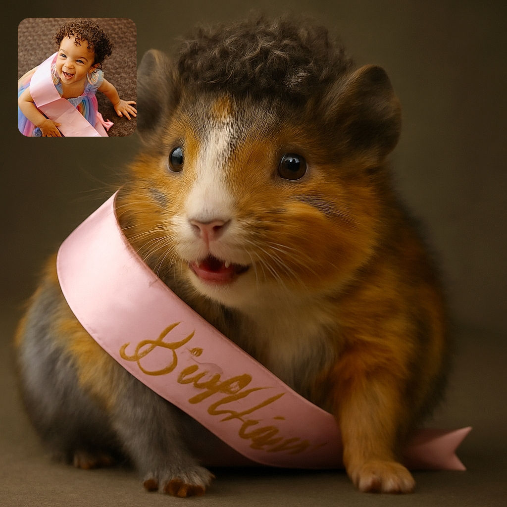 A cheerful toddler with curly hair beams up at the camera wearing a colorful rainbow dress and a pink birthday sash, sitting on a brown textured carpet, radiating pure joy and birthday vibes.
