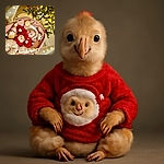 A wide-eyed baby in a festive red sweater with a Santa face lies cozily in a pink cushioned baby seat surrounded by cute gnome plush toys, with a twinkling Christmas tree glowing softly in the background, creating a warm holiday vibe.