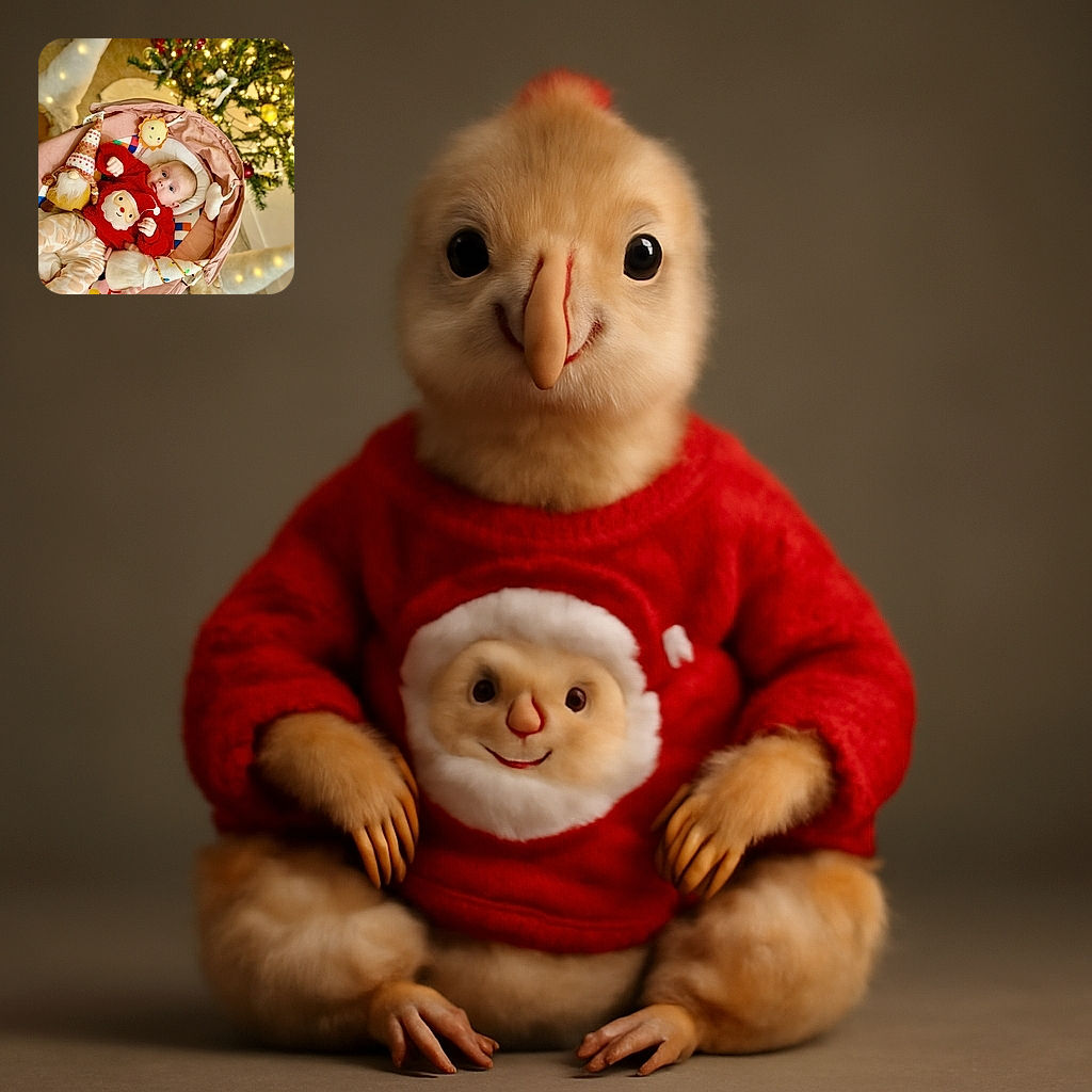 A wide-eyed baby in a festive red sweater with a Santa face lies cozily in a pink cushioned baby seat surrounded by cute gnome plush toys, with a twinkling Christmas tree glowing softly in the background, creating a warm holiday vibe.