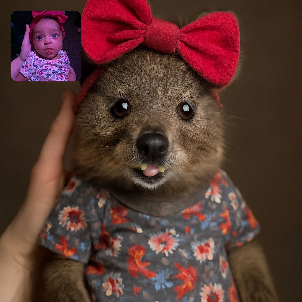 A wide-eyed baby with a big red bow headband and a floral onesie is being held gently, sticking their tongue out as if tasting the world for the first time. The dim lighting adds a cozy, intimate vibe to the moment.