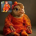 A cute baby dressed in a vibrant orange outfit with golden polka dots and matching headband lounges comfortably on a dark sofa, looking curiously to the side with bright yellow socks adding a pop of color to the cozy scene.