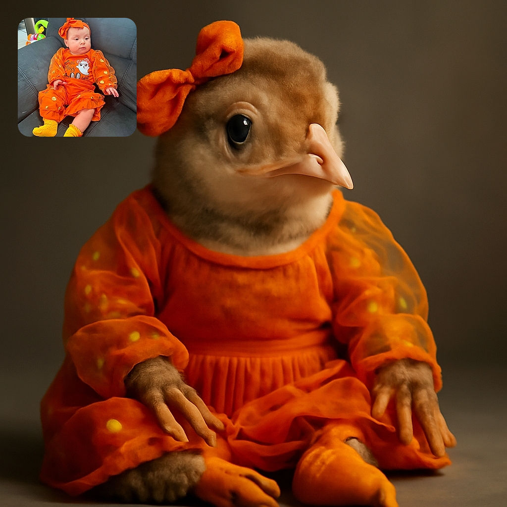 A cute baby dressed in a vibrant orange outfit with golden polka dots and matching headband lounges comfortably on a dark sofa, looking curiously to the side with bright yellow socks adding a pop of color to the cozy scene.