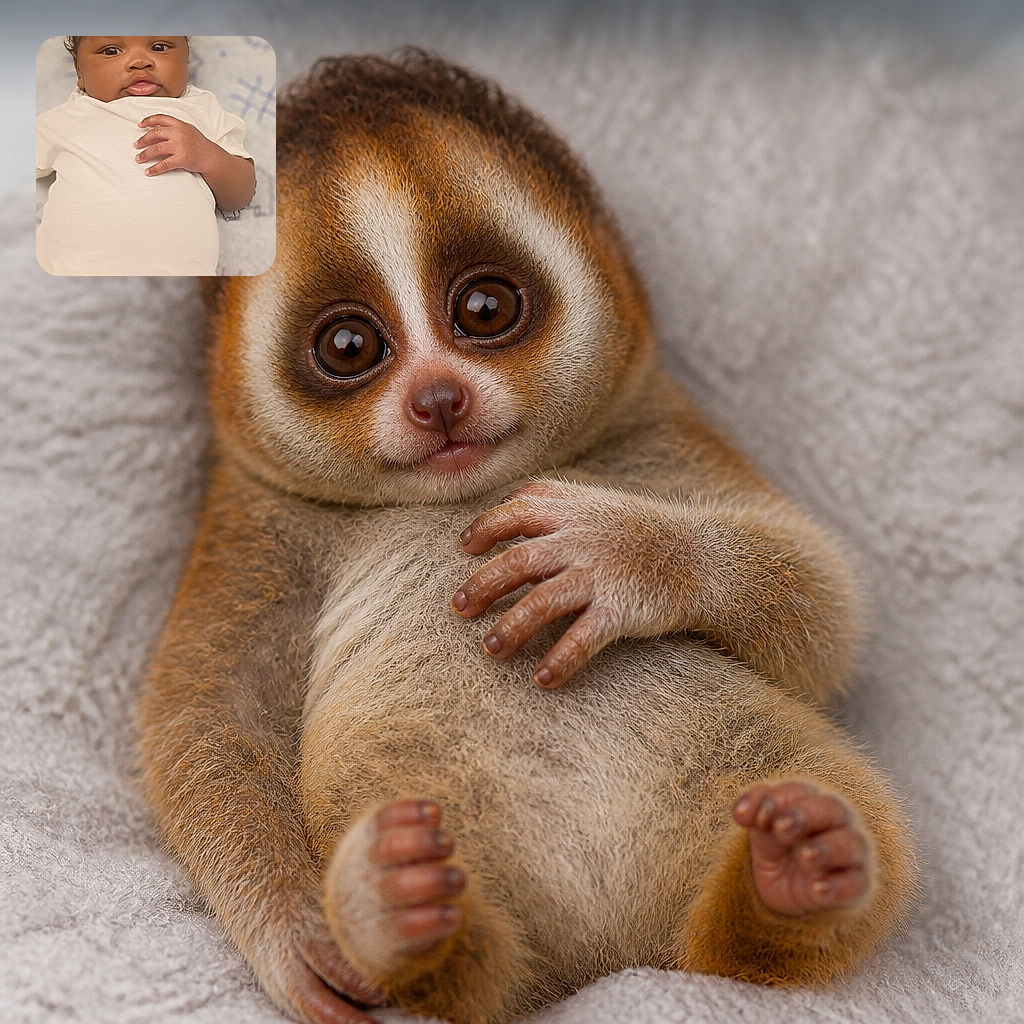 A wide-eyed baby lounges like a tiny celebrity on a patterned blanket, one hand posed dramatically across their shirt while their crossed legs look ready for a diaper-powered dance routine.