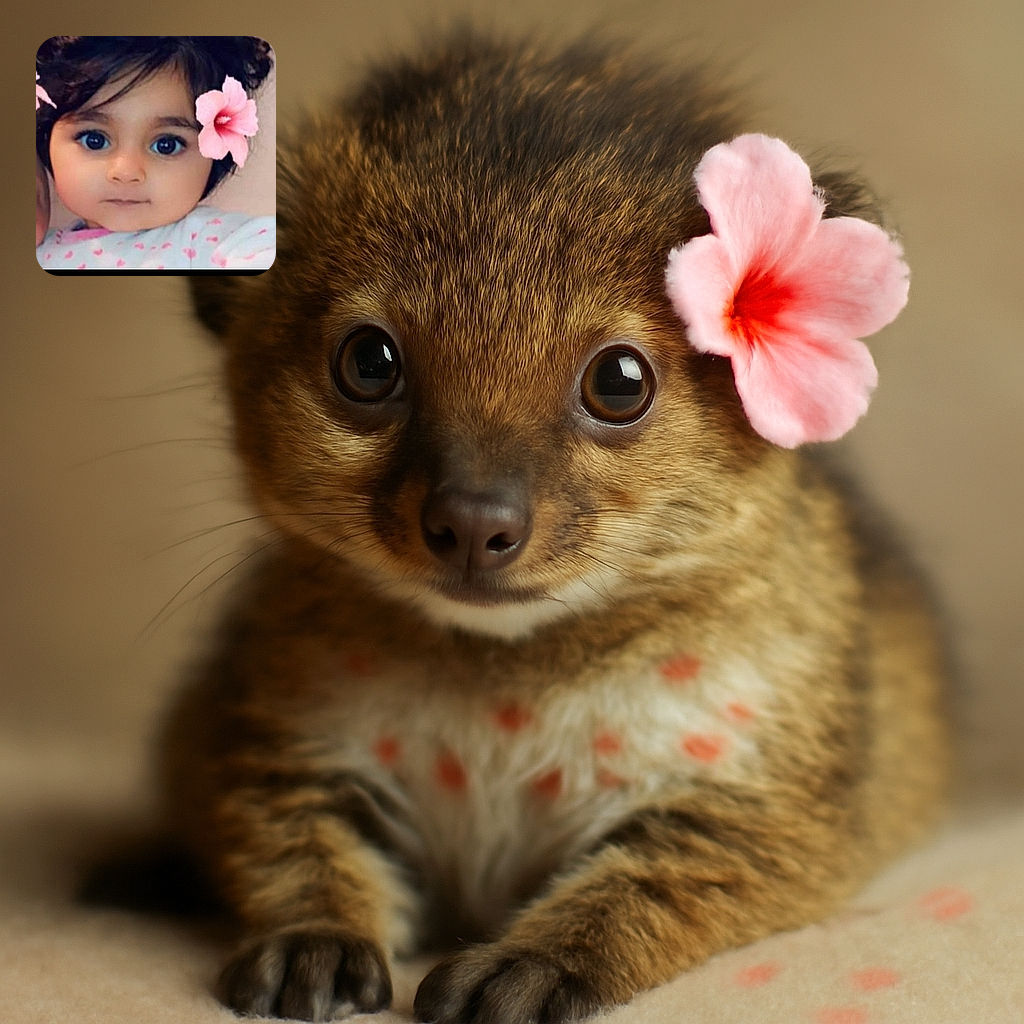 A close-up of a baby with exaggeratedly large eyes and a pink flower in her hair, likely filtered to enhance cuteness, wearing a white outfit with pink hearts.