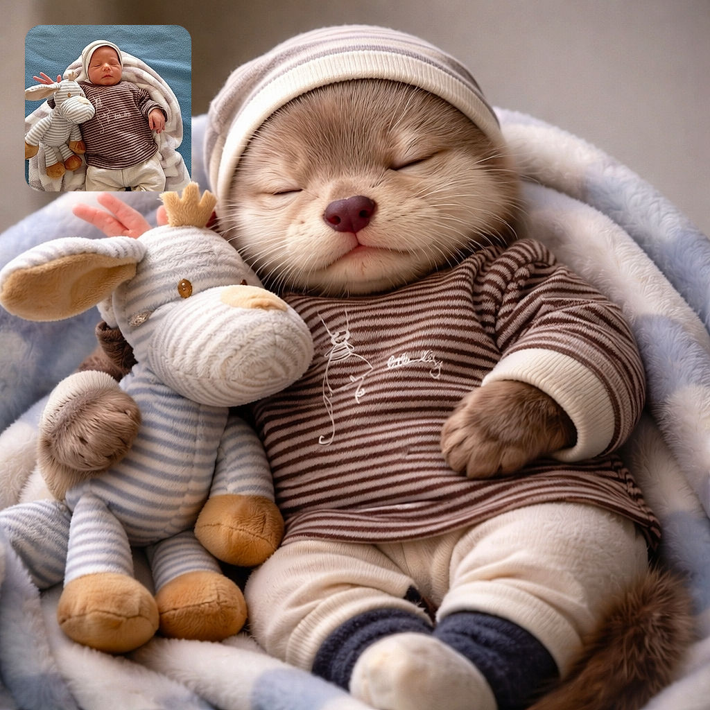 A peaceful newborn snoozes on a soft blanket like a tiny, content burrito — wearing a striped shirt and beanie, cuddled up to a plush striped donkey. The scene is cozy and simple: blue background, fluffy bedding, one little hand relaxed and a pair of tiny socks peeking out. Pure nap-time charm.
