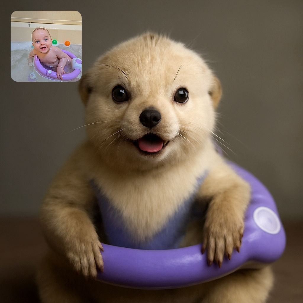 A bubbly baby is happily sitting in a purple bath seat surrounded by bubbles and colorful bath toys, flashing a toothy grin that could melt any heart.