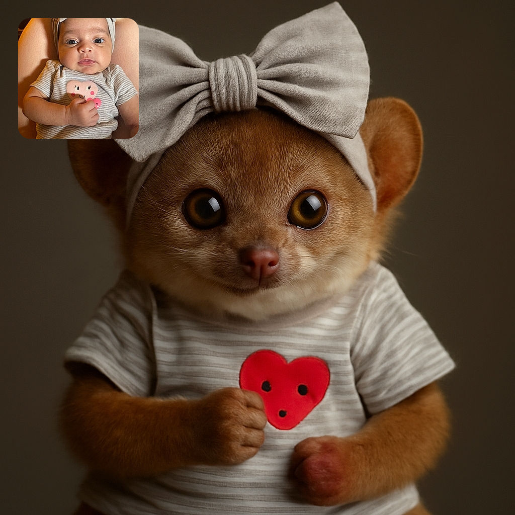 An adorable baby with a giant bow headband stares curiously into the camera, clutching a fist over a cute heart-printed onesie, nestled comfortably in someone's lap with a cozy home background.