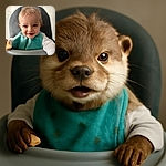A smiling toddler with tousled blonde hair wearing a turquoise bib sits in a high chair, reaching out with a hand holding a snack, with a soft-focus background that keeps all attention on the adorable face.