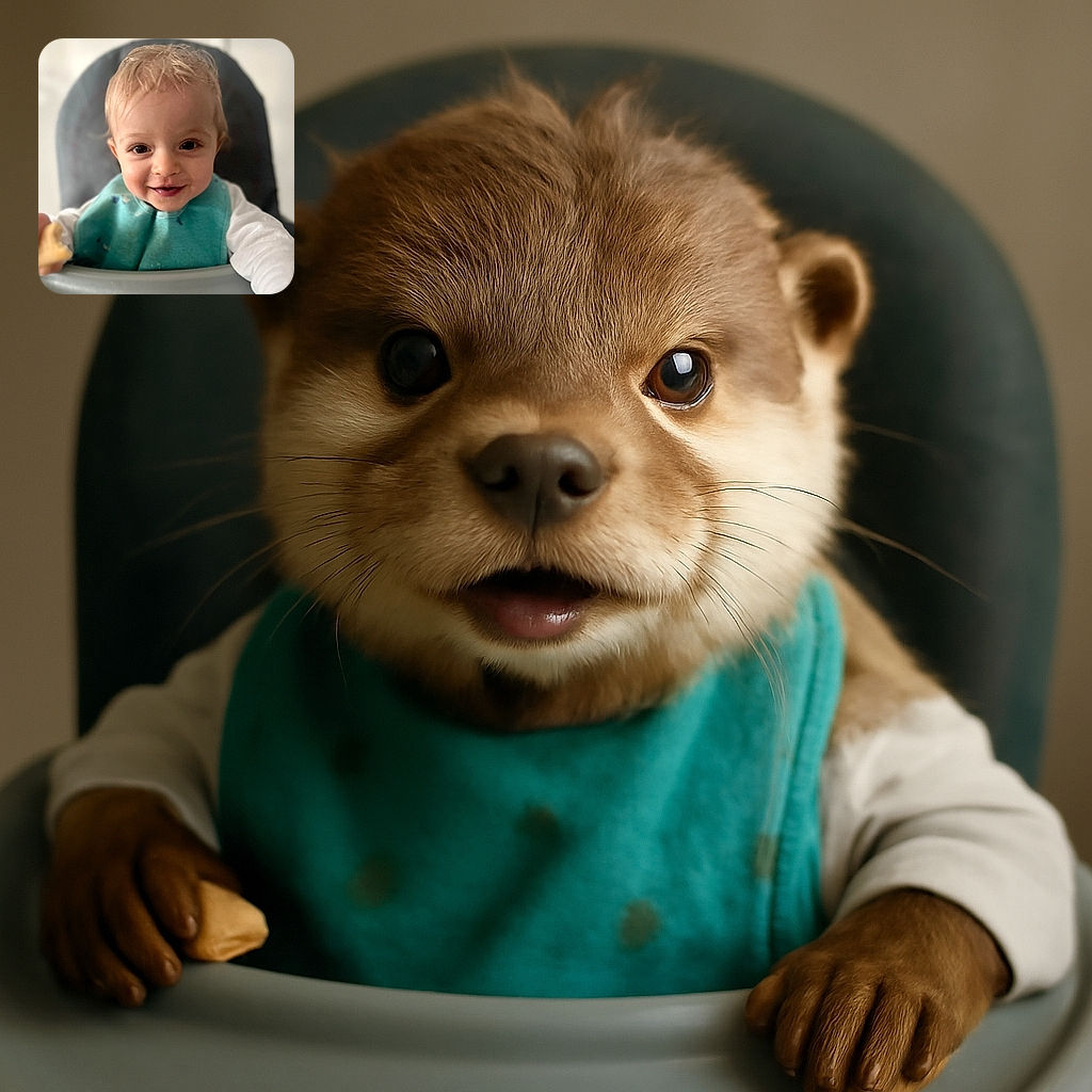 A smiling toddler with tousled blonde hair wearing a turquoise bib sits in a high chair, reaching out with a hand holding a snack, with a soft-focus background that keeps all attention on the adorable face.