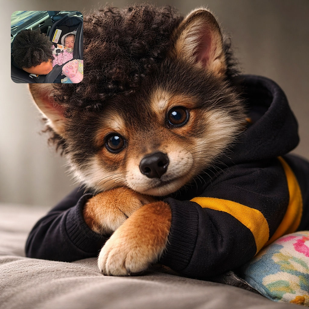 A peaceful baby is fast asleep in a car seat, wrapped in a soft pink blanket and clutching a tiny cow plush toy. A person with voluminous curly hair leans in close, their face resting gently near the baby, creating a tender and cozy moment inside a car.