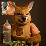 A cheerful toddler with rosy cheeks and a big smile is sitting at a high chair, enjoying a meal with a green plate full of mixed veggies and a baby bottle nearby, set against a kitchen background with shelves and cartons.