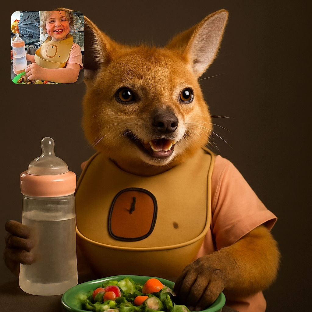 A cheerful toddler with rosy cheeks and a big smile is sitting at a high chair, enjoying a meal with a green plate full of mixed veggies and a baby bottle nearby, set against a kitchen background with shelves and cartons.