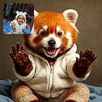 A joyful toddler dressed in a fluffy white hoodie with bear ears presses their hands against a glass window, smiling brightly with wide eyes. The child sits on a blue blanket with colorful toys nearby, while a faint reflection of an adult taking the photo appears on the glass.