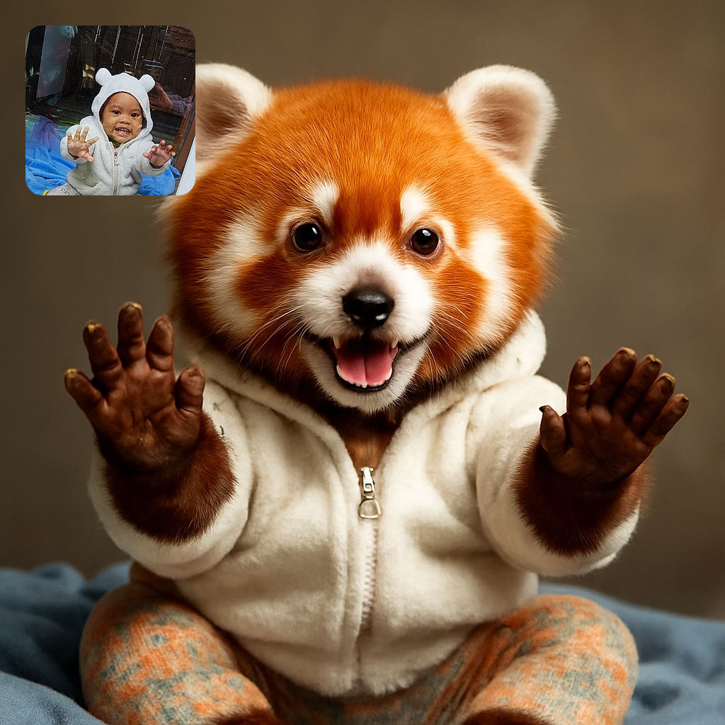 A joyful toddler dressed in a fluffy white hoodie with bear ears presses their hands against a glass window, smiling brightly with wide eyes. The child sits on a blue blanket with colorful toys nearby, while a faint reflection of an adult taking the photo appears on the glass.