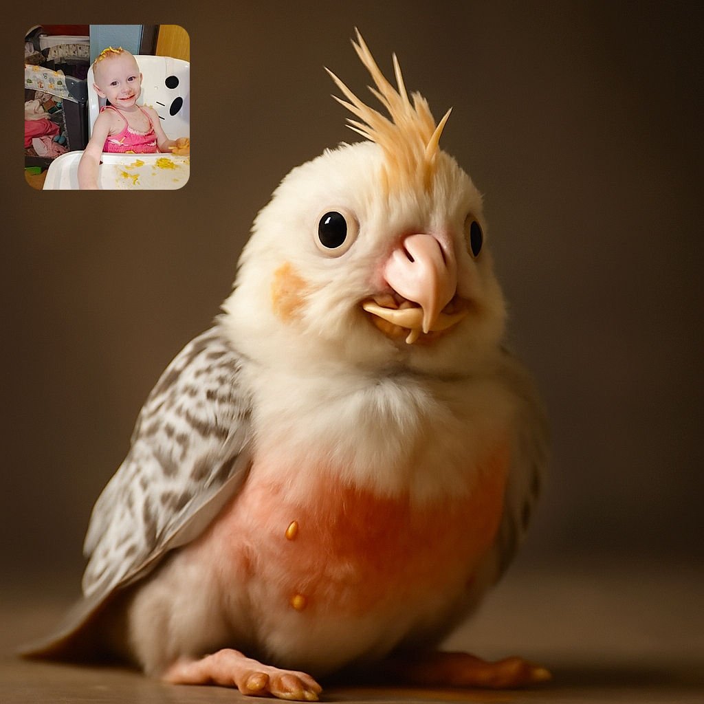 A messy little toddler with a cheeky smile, sporting macaroni noodles on their head and face, sitting in a high chair surrounded by scattered food remnants—a candid moment of mealtime chaos and joy.