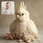 A charming baby dressed in a delicate white frilly dress sits happily on a soft surface, holding a plush bunny toy. The background is softly blurred with warm bokeh lights, creating a cozy and angelic atmosphere.