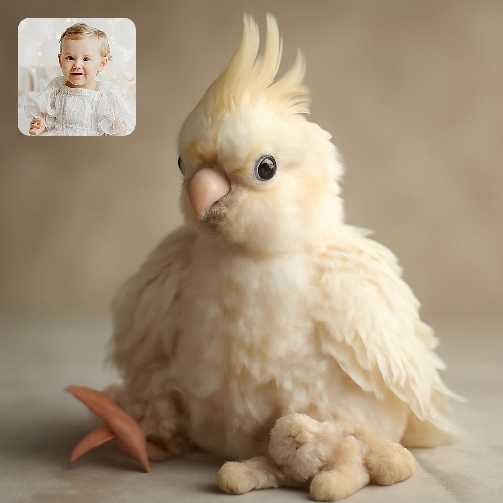 A charming baby dressed in a delicate white frilly dress sits happily on a soft surface, holding a plush bunny toy. The background is softly blurred with warm bokeh lights, creating a cozy and angelic atmosphere.