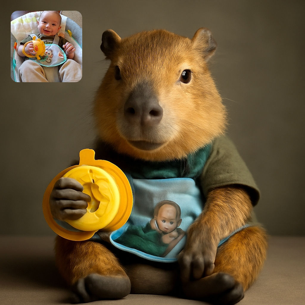 A happy baby sits comfortably in a cushioned baby seat, clutching a bright yellow lion-shaped toy. The baby wears a green shirt and beige pants, with a playful monkey design on the seat's fabric. The wooden floor and a rug are visible in the background, giving a cozy home vibe.