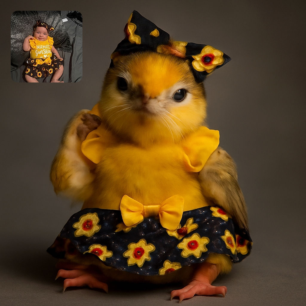 A happy baby dressed in a bright yellow outfit with sunflower patterns lounges comfortably on a dark bedspread, smiling with a cute headband to match the skirt, radiating pure sunshine vibes.