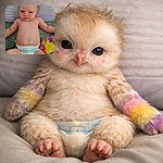 A chubby diapered baby lounges on a bed with a slightly grumpy pout and tiny pink heart freckles from a cute filter — royalty-in-repose surveying a kingdom of blankets.