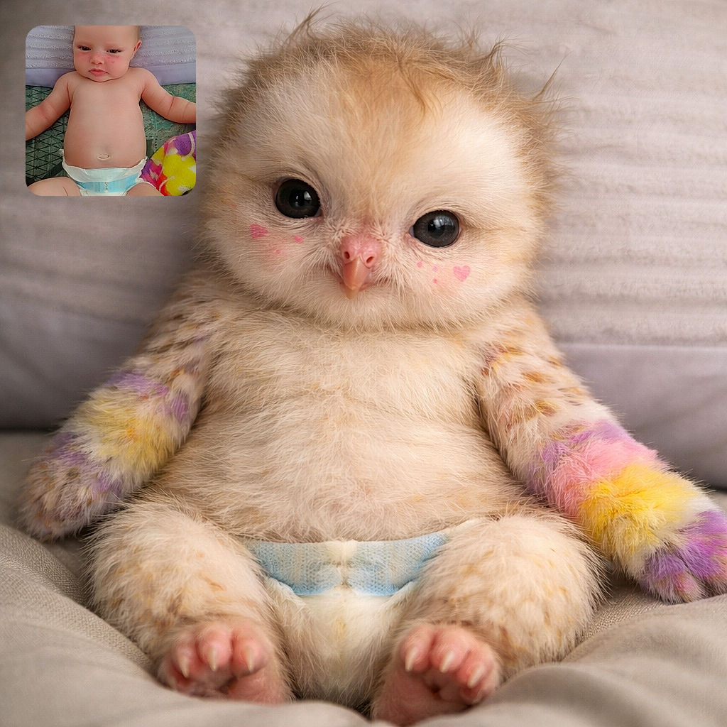 A chubby diapered baby lounges on a bed with a slightly grumpy pout and tiny pink heart freckles from a cute filter — royalty-in-repose surveying a kingdom of blankets.