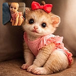 A cute baby girl with a big red bow on her head sits curled up on a brown couch, looking curiously at the camera with wide eyes, dressed in a pink outfit with ruffled sleeves, while resting against a large blue cushion.