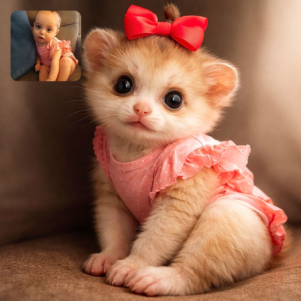 A cute baby girl with a big red bow on her head sits curled up on a brown couch, looking curiously at the camera with wide eyes, dressed in a pink outfit with ruffled sleeves, while resting against a large blue cushion.
