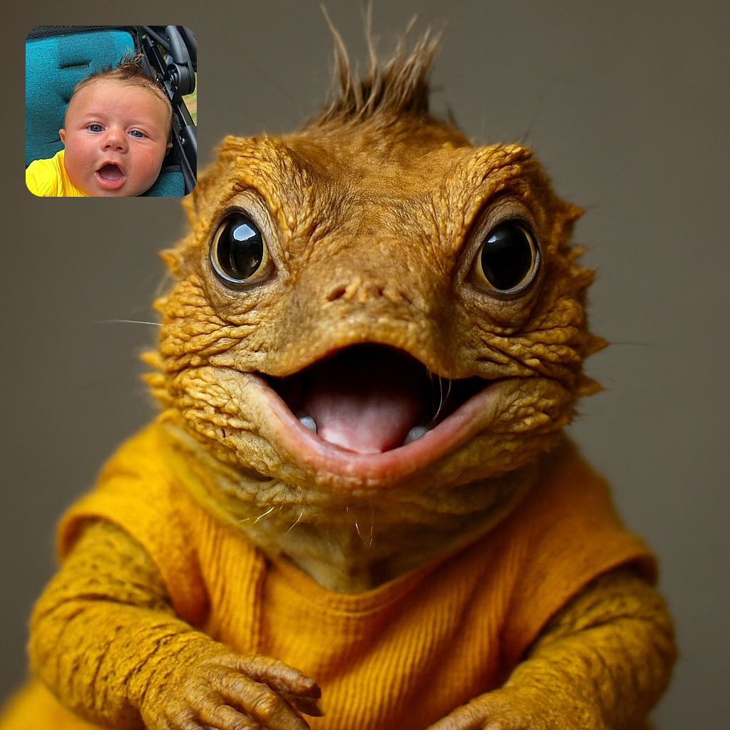A wide-eyed baby in a bright yellow outfit looks surprised or mid-ooh, comfortably nestled in a teal stroller with a slightly tousled hairdo, set against a softly blurred outdoor background.